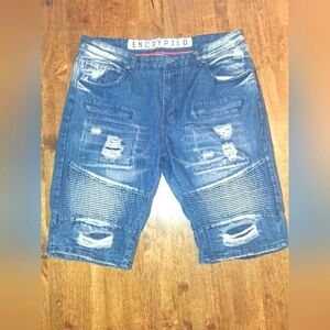 Encrypted men's blue washed denim jean shorts Distressed 38